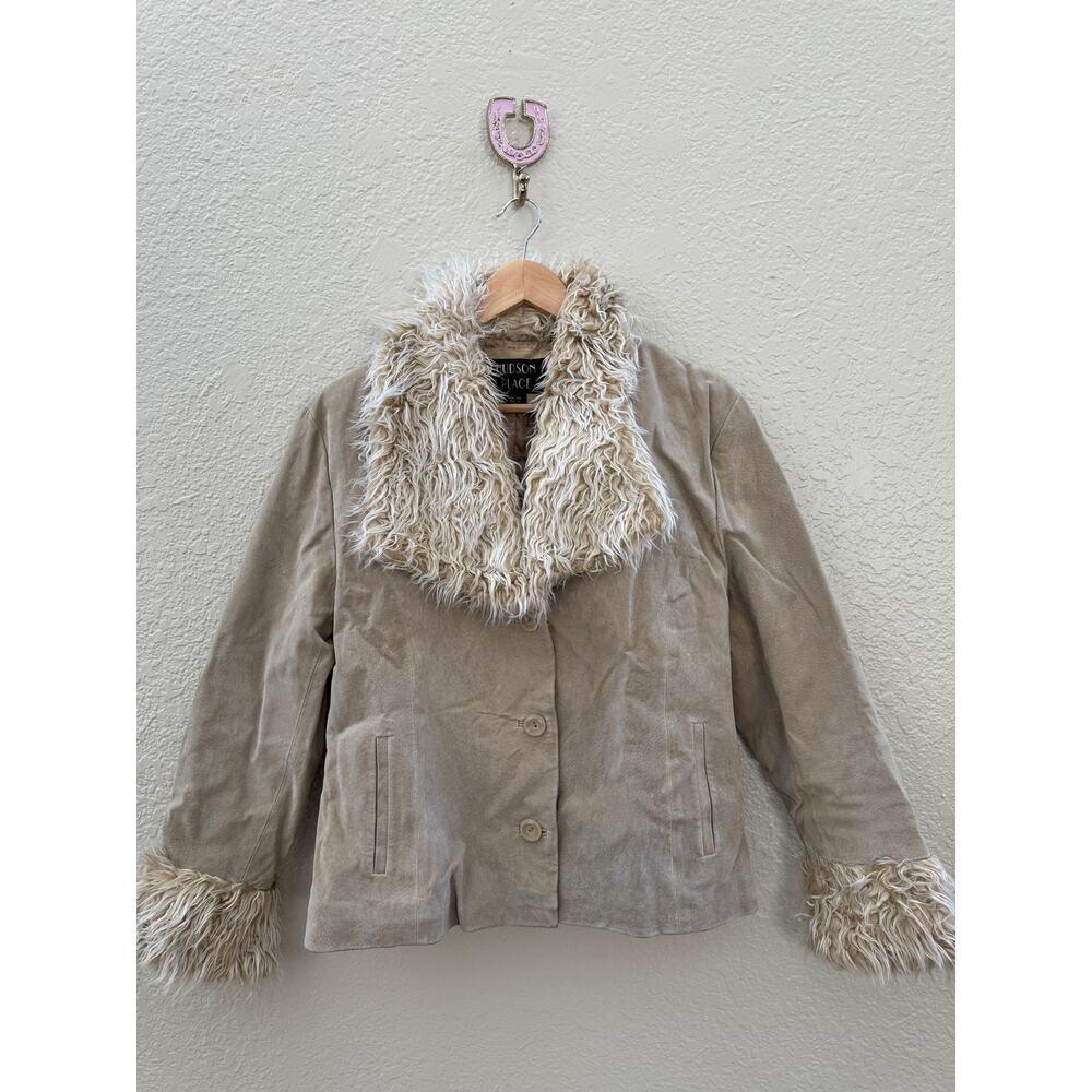 Vintage Y2K Tan Suede 100% Leather Fur Trim Jacket